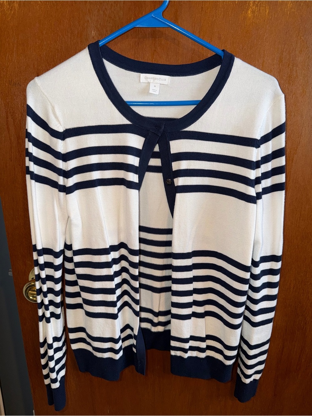 Charter Club Navy and White Striped Crewneck Cardigan